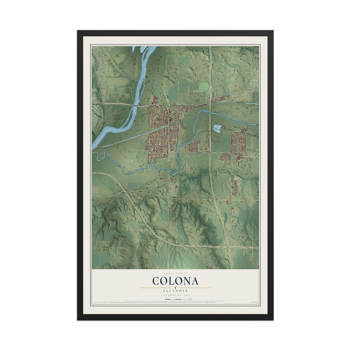 Map of Colona, Illinois, 12 x 18 inch print in a black wood frame