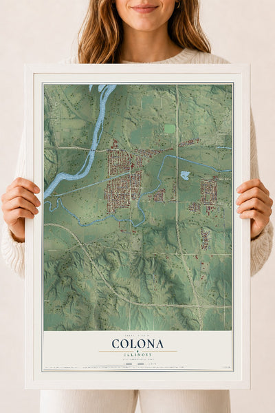 Map of Colona, Illinois, 18 x 24 inch print in a white wood frame