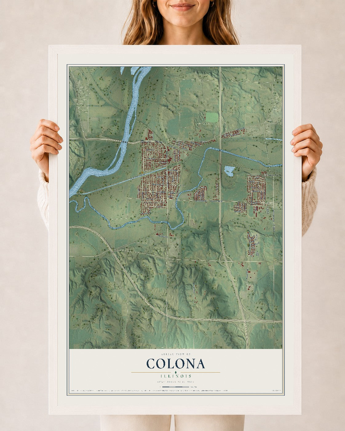 Map of Colona, Illinois, 24 x 36 inch print in a white wood frame