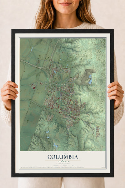 Map of Columbia, Illinois, 18 x 24 inch print in a black wood frame