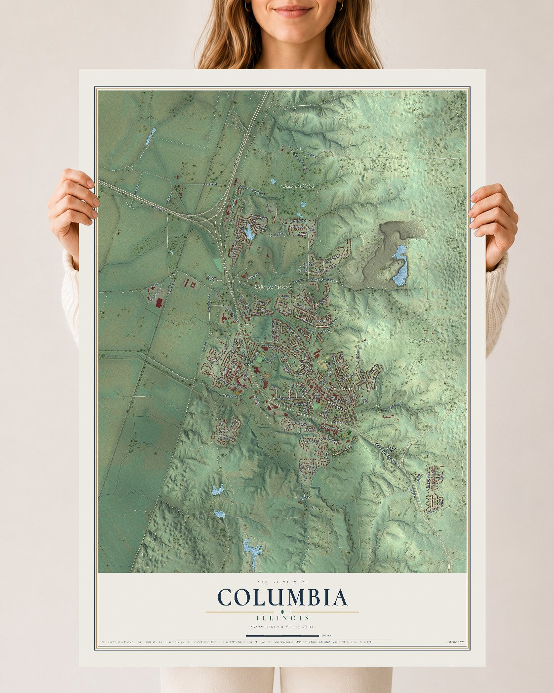 Map of Columbia, Illinois, 24 x 36 inch unframed archival matte print