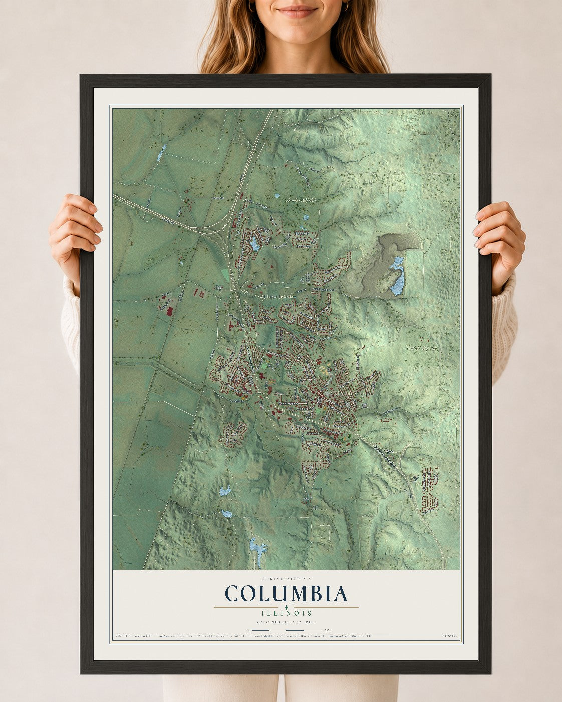 Map of Columbia, Illinois, 24 x 36 inch print in a black wood frame