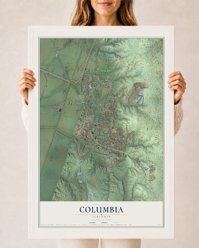 Map of Columbia, Illinois, 24 x 36 inch print in a white wood frame