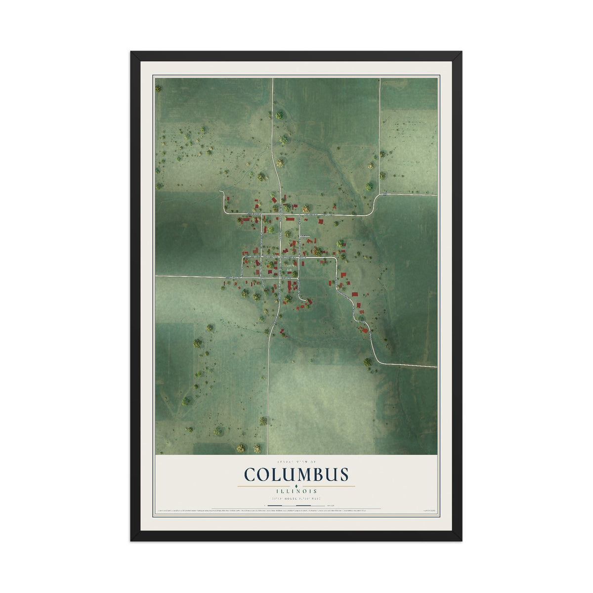 Map of Columbus, Illinois, 12 x 18 inch print in a black wood frame