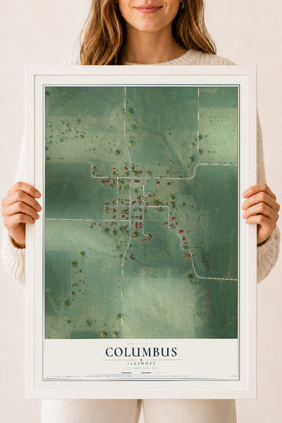 Map of Columbus, Illinois, 18 x 24 inch print in a white wood frame