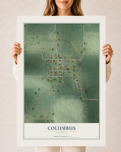 Map of Columbus, Illinois, 24 x 36 inch print in a white wood frame