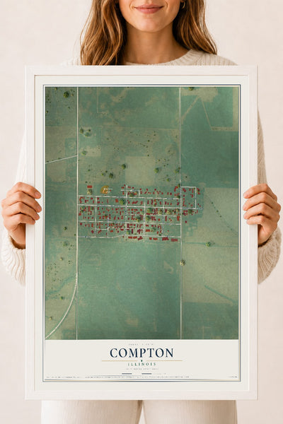 Map of Compton, Illinois, 18 x 24 inch print in a white wood frame