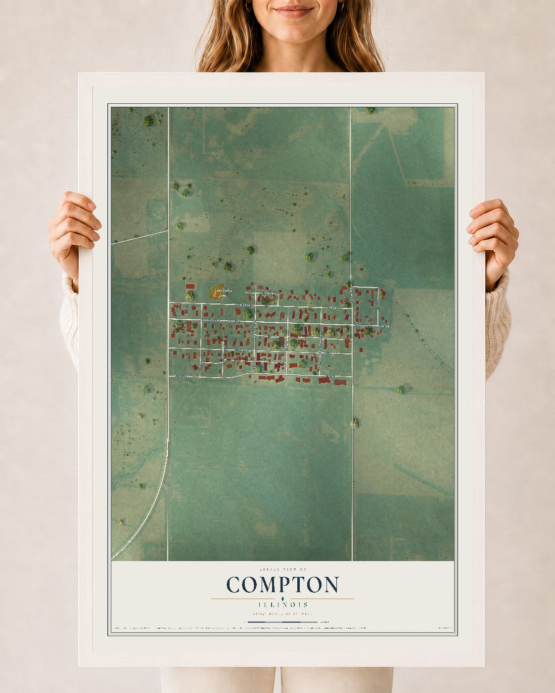 Map of Compton, Illinois, 24 x 36 inch print in a white wood frame