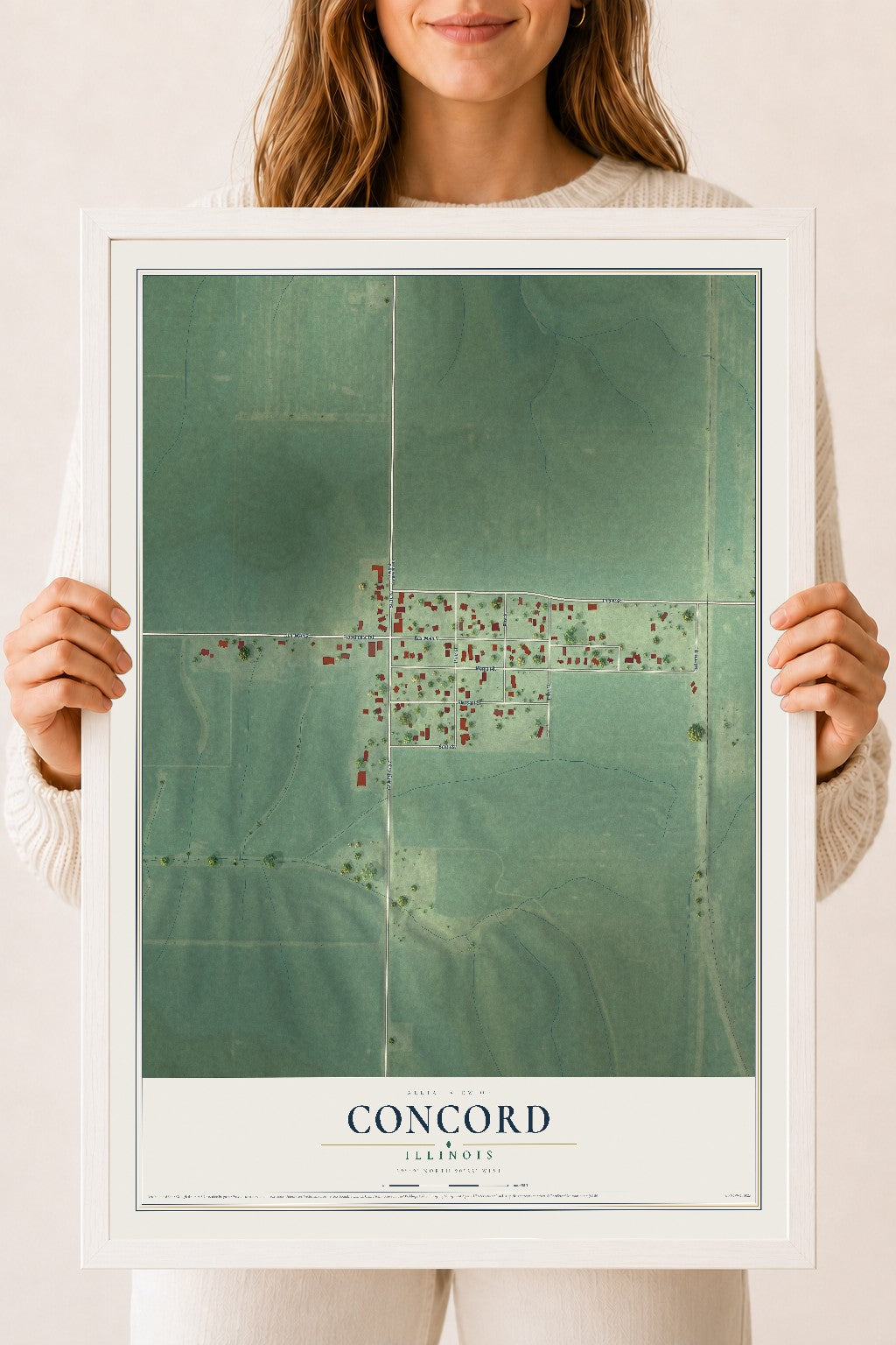 Map of Concord, Illinois, 18 x 24 inch print in a white wood frame