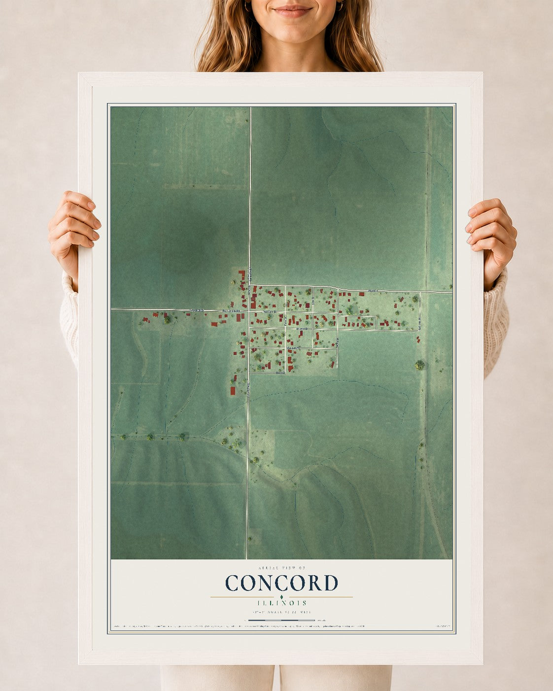Map of Concord, Illinois, 24 x 36 inch print in a white wood frame