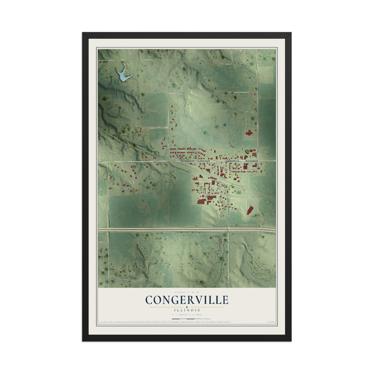Map of Congerville, Illinois, 12 x 18 inch print in a black wood frame