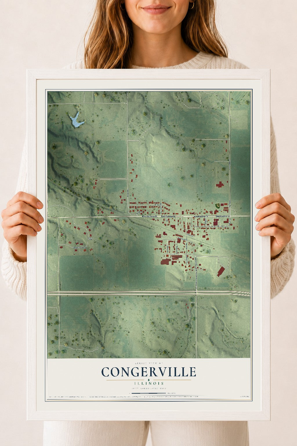 Map of Congerville, Illinois, 18 x 24 inch print in a white wood frame