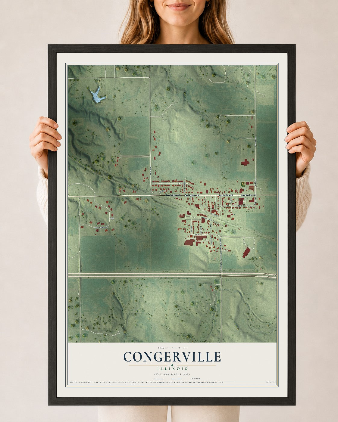Map of Congerville, Illinois, 24 x 36 inch print in a black wood frame