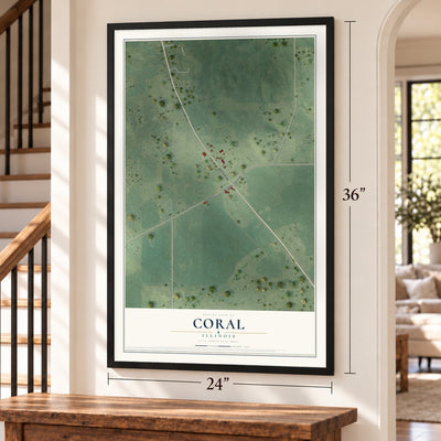 Coral, Illinois map, 24 x 36 inch print in a black frame by a staircase