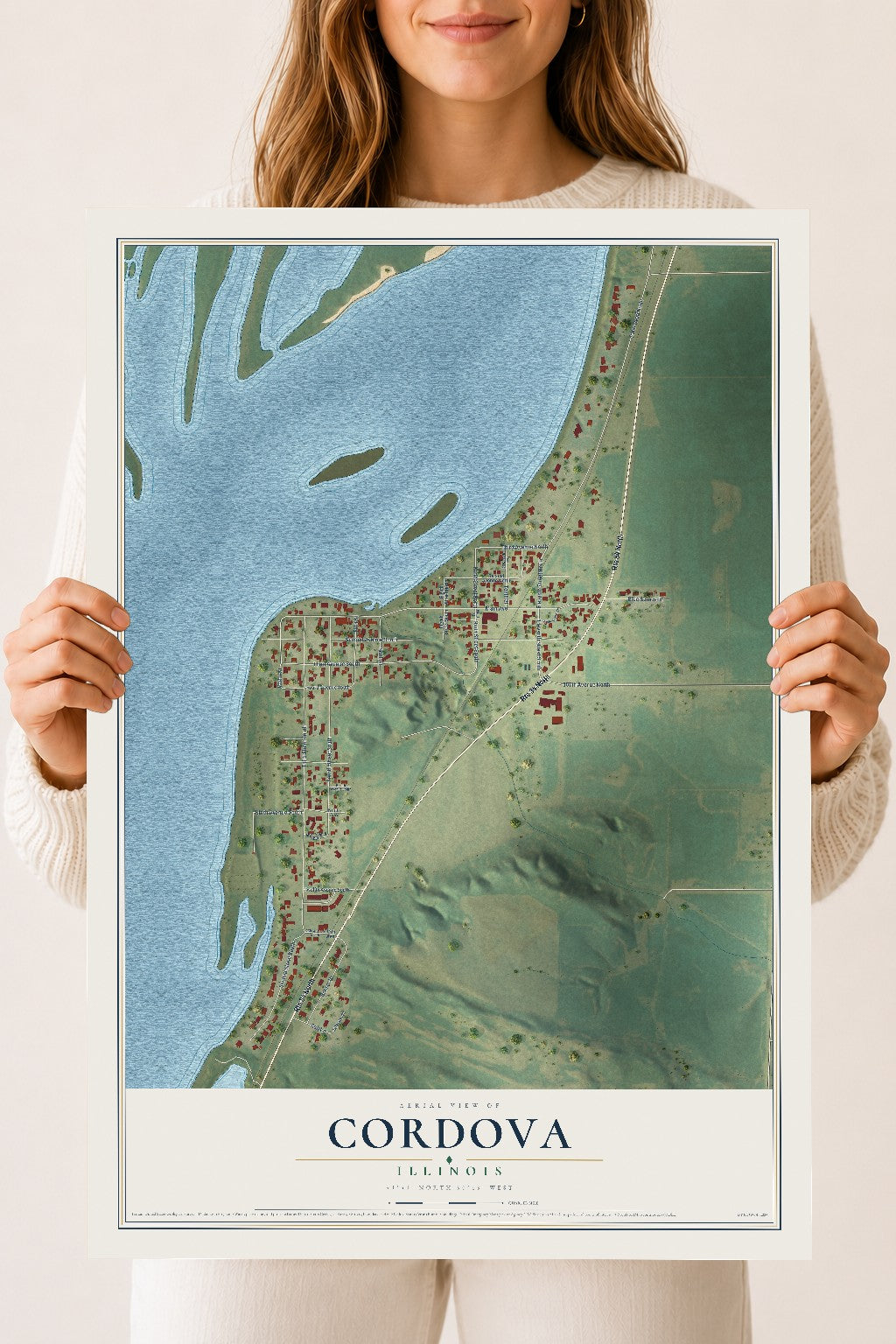 Map of Cordova, Illinois, 18 x 24 inch unframed archival matte print