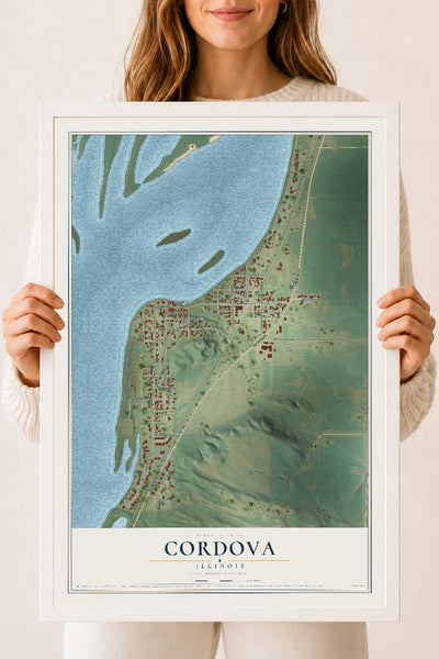 Map of Cordova, Illinois, 18 x 24 inch print in a white wood frame