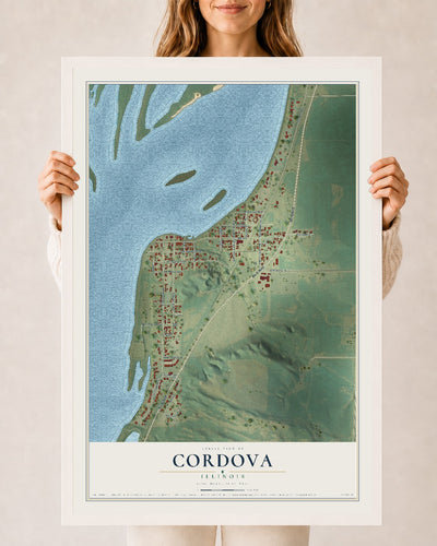 Map of Cordova, Illinois, 24 x 36 inch print in a white wood frame