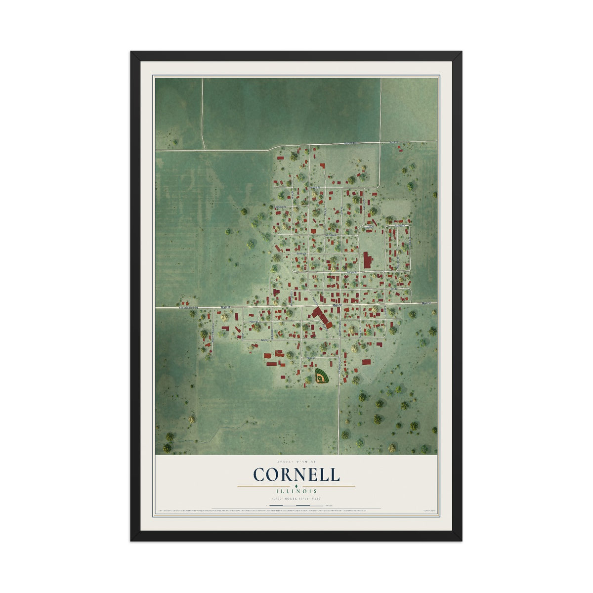 Map of Cornell, Illinois, 12 x 18 inch print in a black wood frame