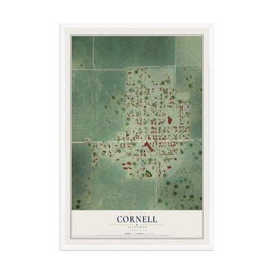 Map of Cornell, Illinois, 12 x 18 inch print in a white wood frame