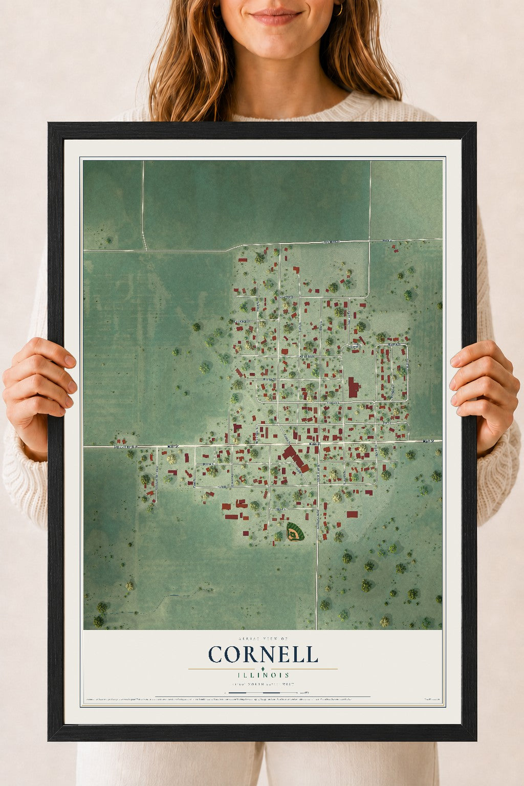 Map of Cornell, Illinois, 18 x 24 inch print in a black wood frame