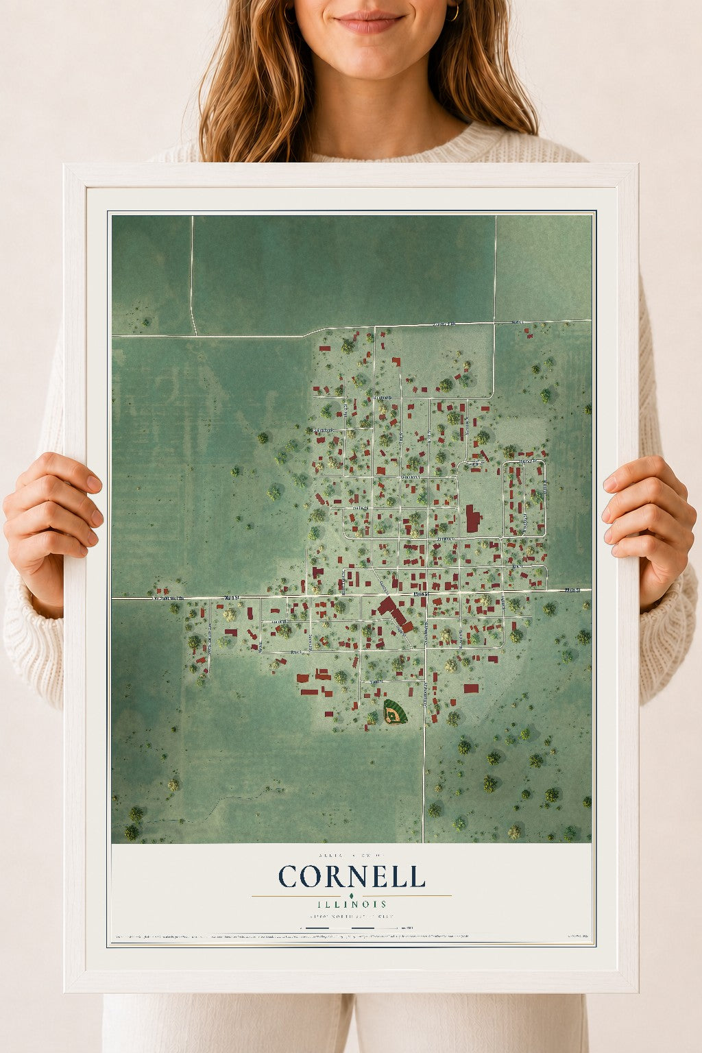 Map of Cornell, Illinois, 18 x 24 inch print in a white wood frame