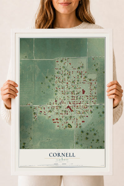 Map of Cornell, Illinois, 18 x 24 inch print in a white wood frame