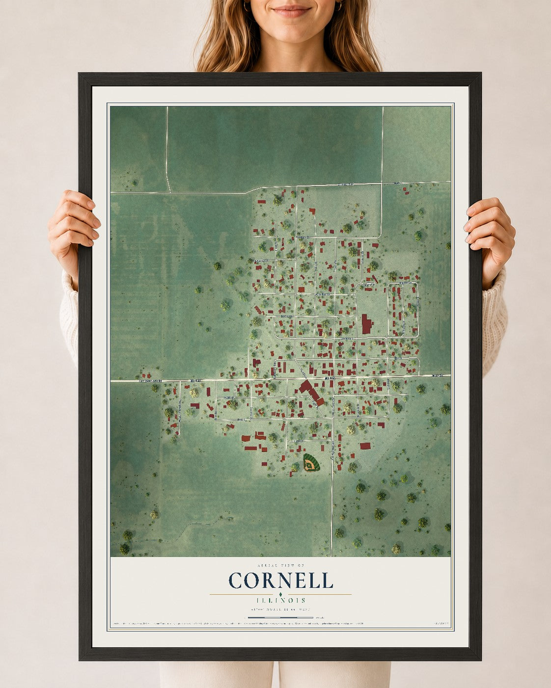 Map of Cornell, Illinois, 24 x 36 inch print in a black wood frame