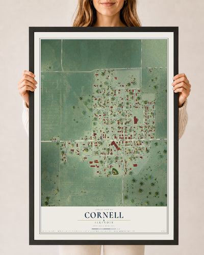 Map of Cornell, Illinois, 24 x 36 inch print in a black wood frame