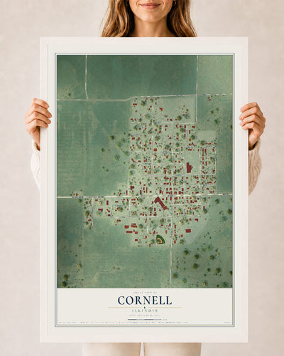 Map of Cornell, Illinois, 24 x 36 inch print in a white wood frame