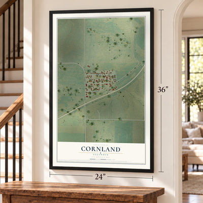 Cornland, Illinois map, 24 x 36 inch print in a black frame by a staircase