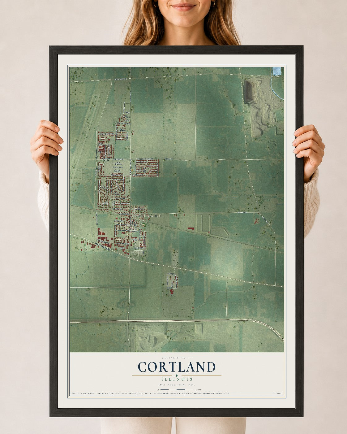 Map of Cortland, Illinois, 24 x 36 inch print in a black wood frame