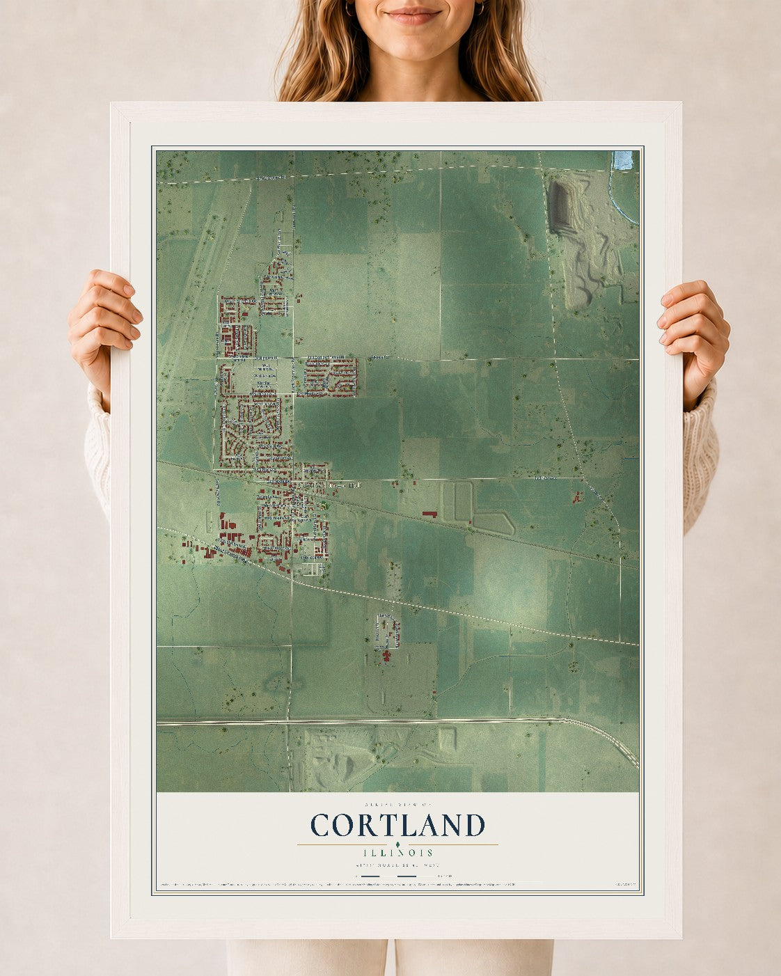 Map of Cortland, Illinois, 24 x 36 inch print in a white wood frame