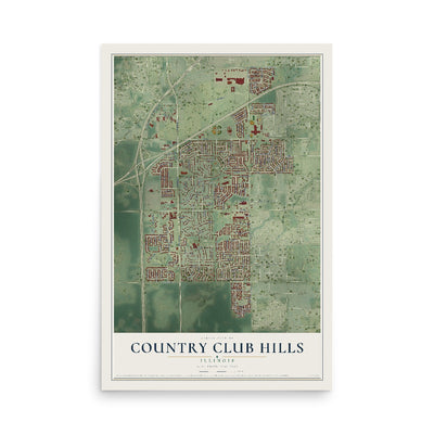 Map of Country Club Hills, Illinois, 12 x 18 inch unframed archival matte print