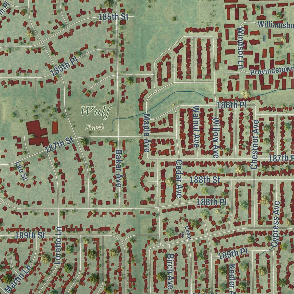 Close-up of the map of Country Club Hills, Illinois print showing street and building detail