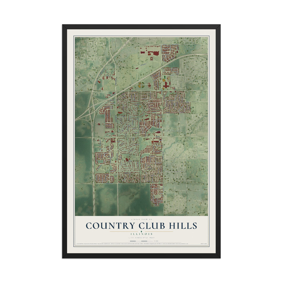 Map of Country Club Hills, Illinois, 12 x 18 inch print in a black wood frame
