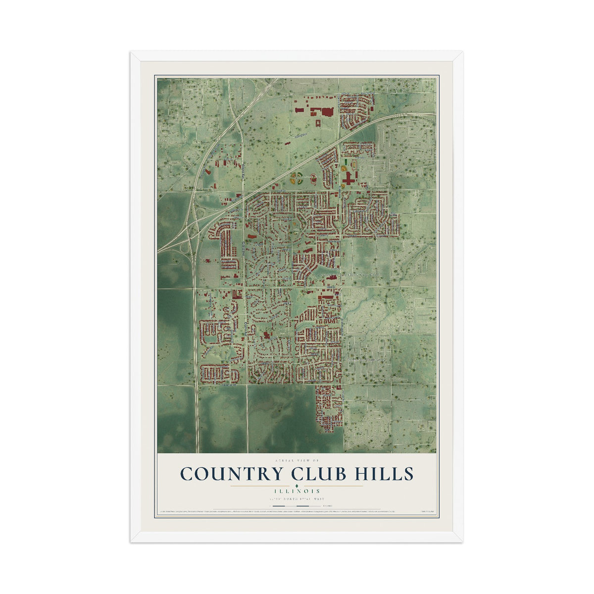 Map of Country Club Hills, Illinois, 12 x 18 inch print in a white wood frame