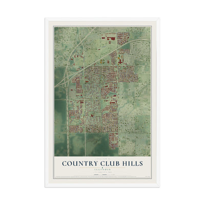 Map of Country Club Hills, Illinois, 12 x 18 inch print in a white wood frame