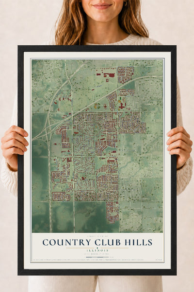 Map of Country Club Hills, Illinois, 18 x 24 inch print in a black wood frame