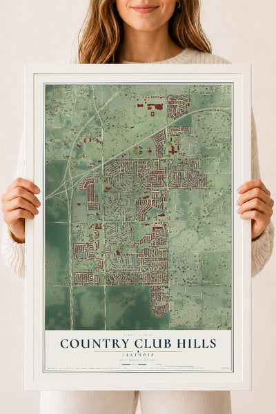 Map of Country Club Hills, Illinois, 18 x 24 inch print in a white wood frame