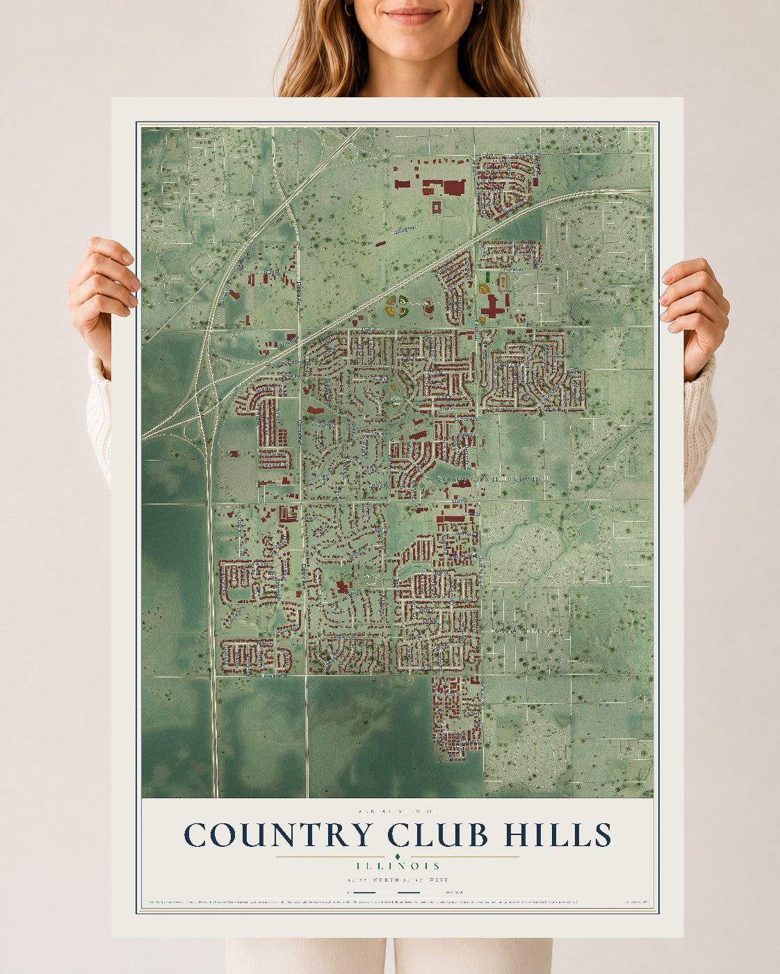 Map of Country Club Hills, Illinois, 24 x 36 inch unframed archival matte print