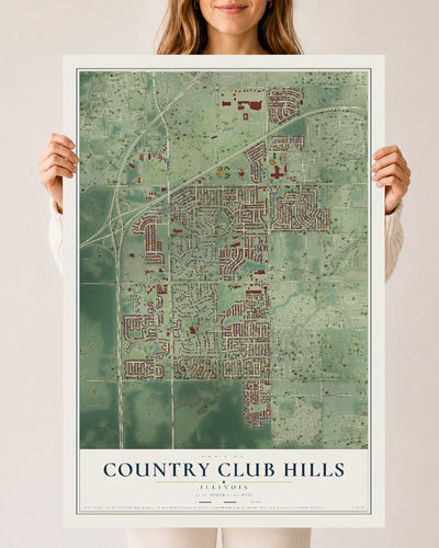 Map of Country Club Hills, Illinois, 24 x 36 inch unframed archival matte print