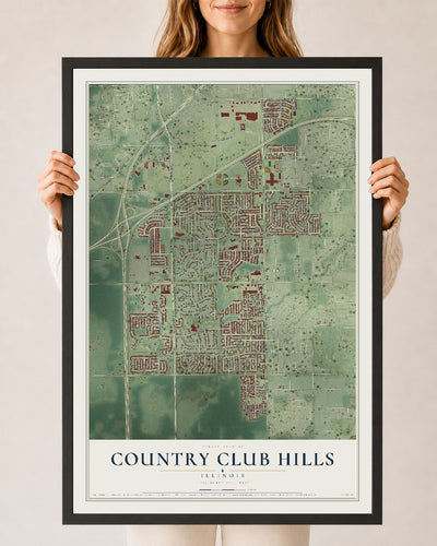 Map of Country Club Hills, Illinois, 24 x 36 inch print in a black wood frame