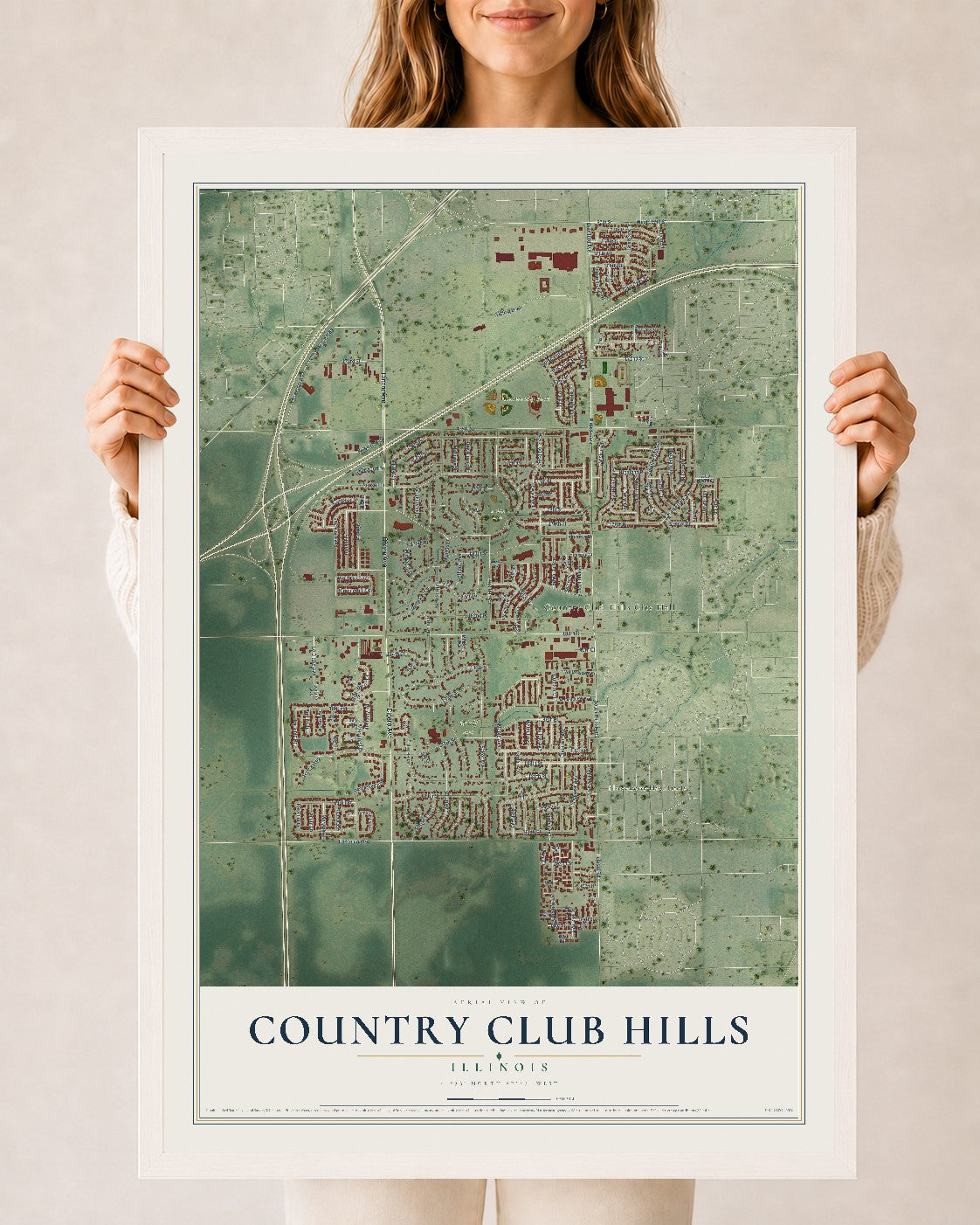 Map of Country Club Hills, Illinois, 24 x 36 inch print in a white wood frame