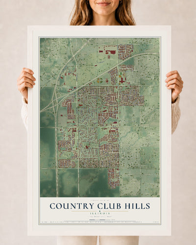 Map of Country Club Hills, Illinois, 24 x 36 inch print in a white wood frame