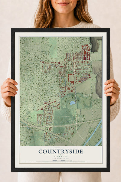 Map of Countryside, Illinois, 18 x 24 inch print in a black wood frame
