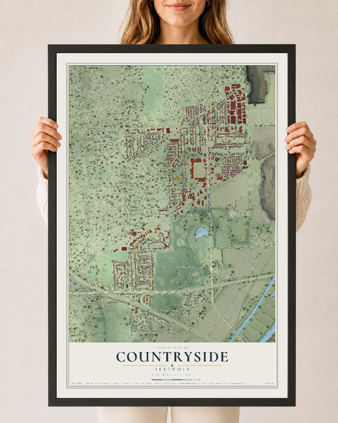 Map of Countryside, Illinois, 24 x 36 inch print in a black wood frame