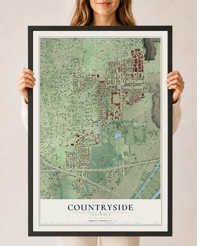 Map of Countryside, Illinois, 24 x 36 inch print in a black wood frame