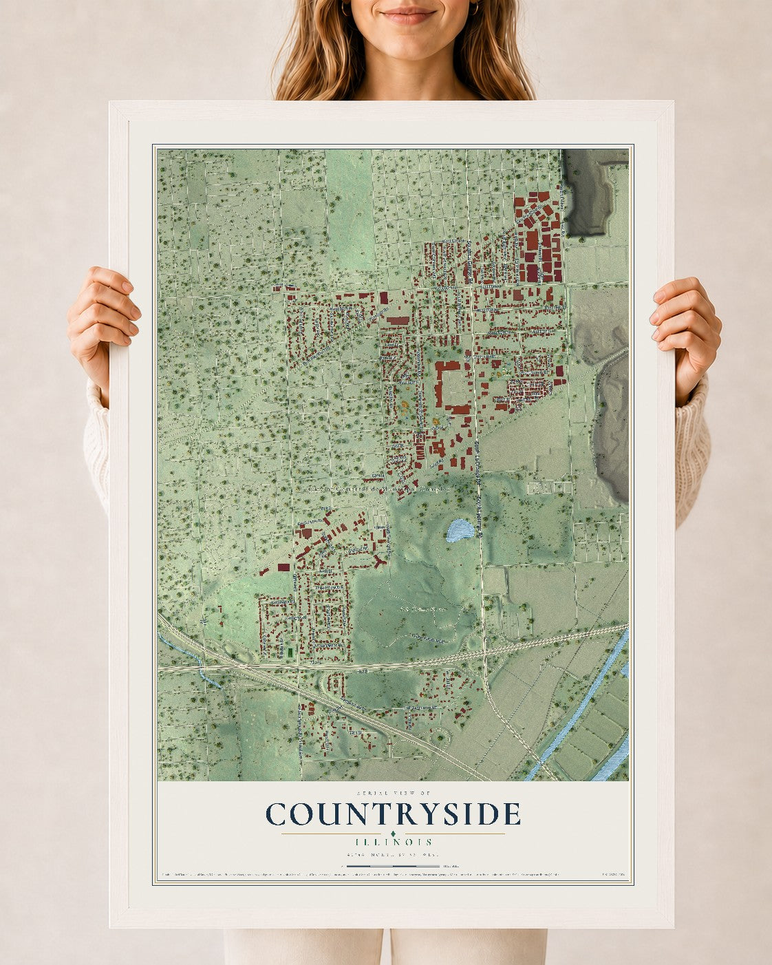 Map of Countryside, Illinois, 24 x 36 inch print in a white wood frame