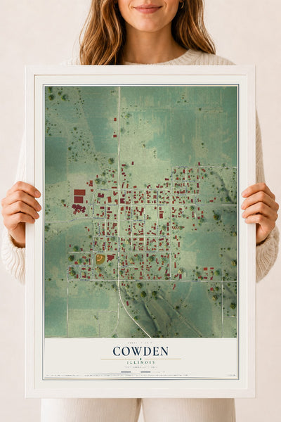 Map of Cowden, Illinois, 18 x 24 inch print in a white wood frame