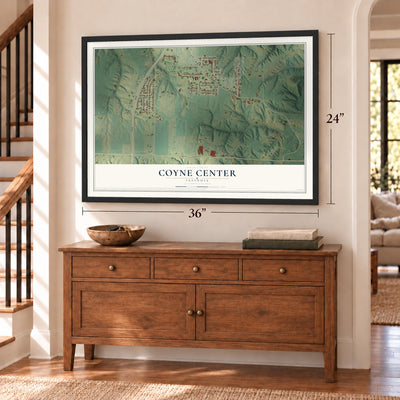 Coyne Center, Illinois map, 24 x 36 inch print in a black frame above a dresser by a staircase